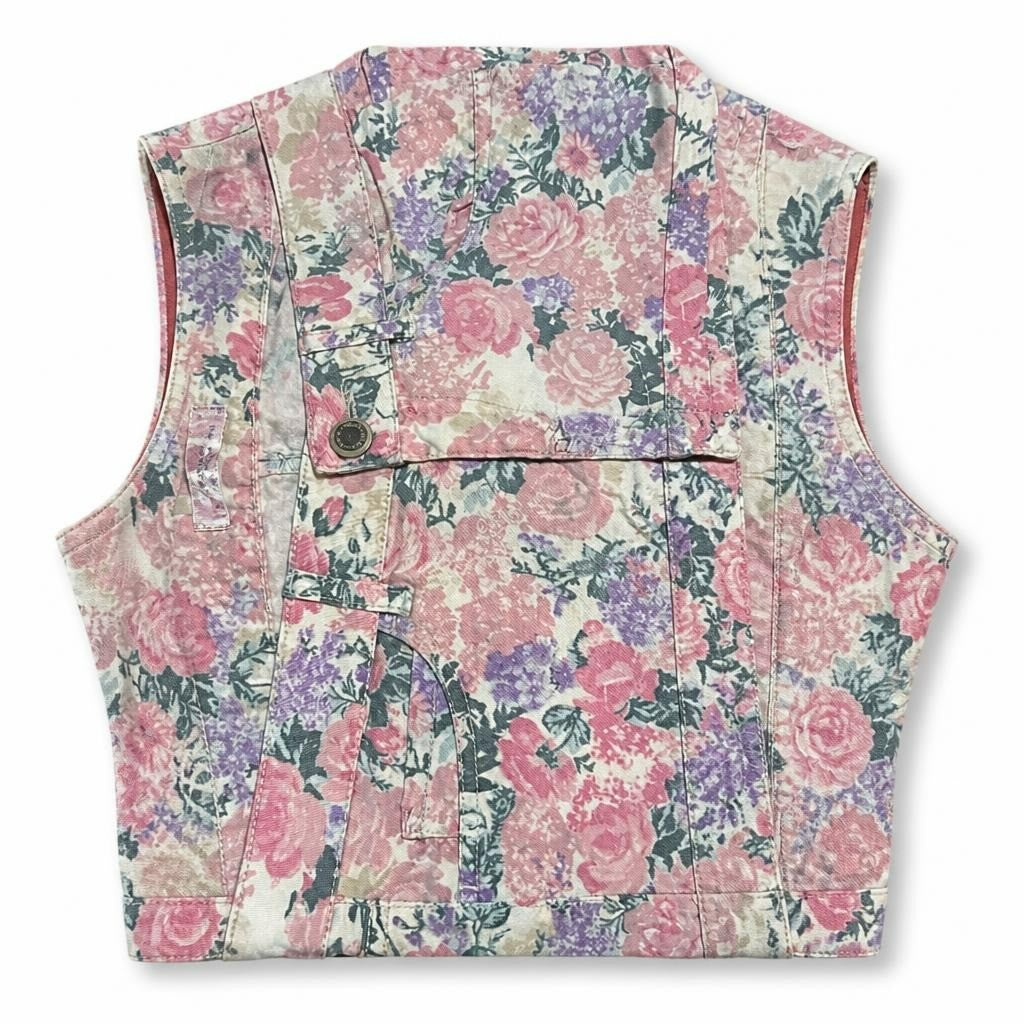 Floral print denim jacket, pink/purple, size unknown - white studio shot, second-hand at Why Go Less, Dekwaneh, Lebanon