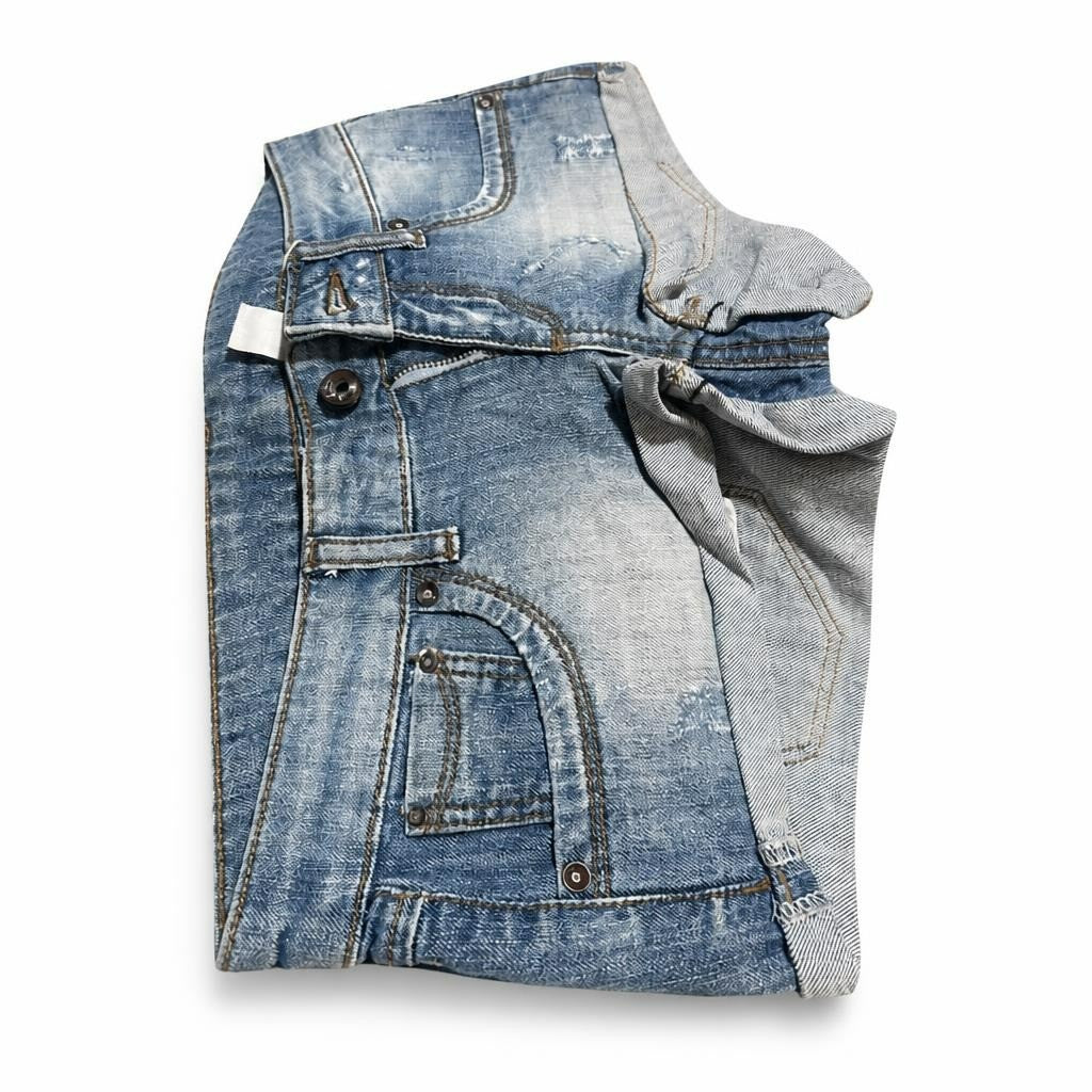 Distressed light wash denim jacket, blue, size unknown - white studio shot, second-hand at Why Go Less, Dekwaneh, Lebanon