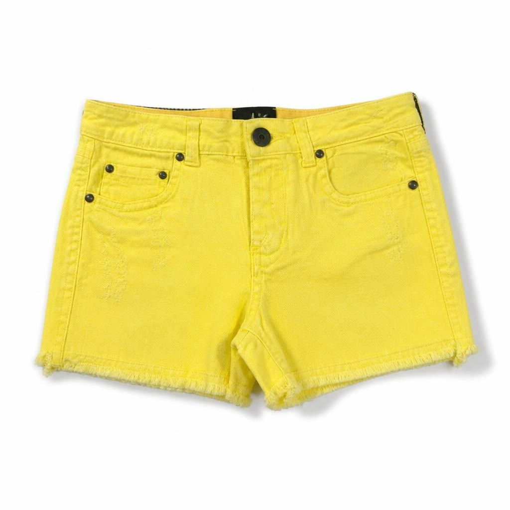 Bright yellow distressed denim shorts, size unknown - white studio shot, second-hand at Why Go Less, Dekwaneh, Lebanon
