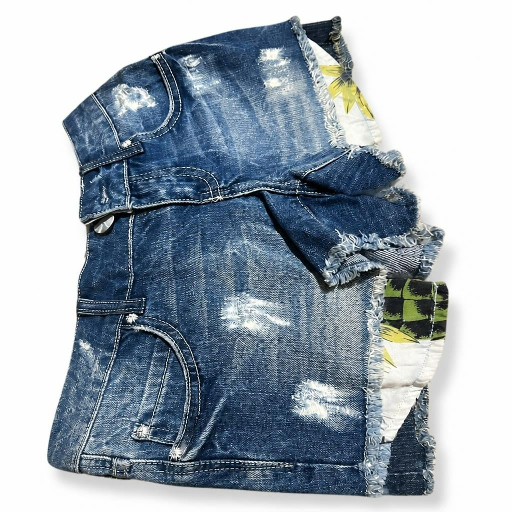 Distressed blue denim mini skirt, raw hem, M - white studio shot, second-hand at Why Go Less, Dekwaneh, Lebanon