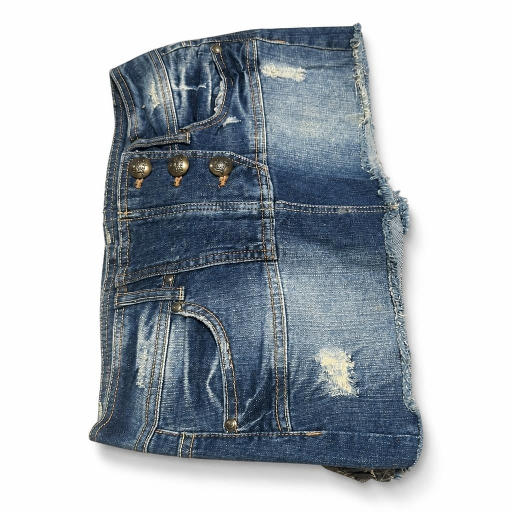 Blue denim mini skirt, brass buttons, distressed - white studio shot, second-hand at Why Go Less, Dekwaneh, Lebanon