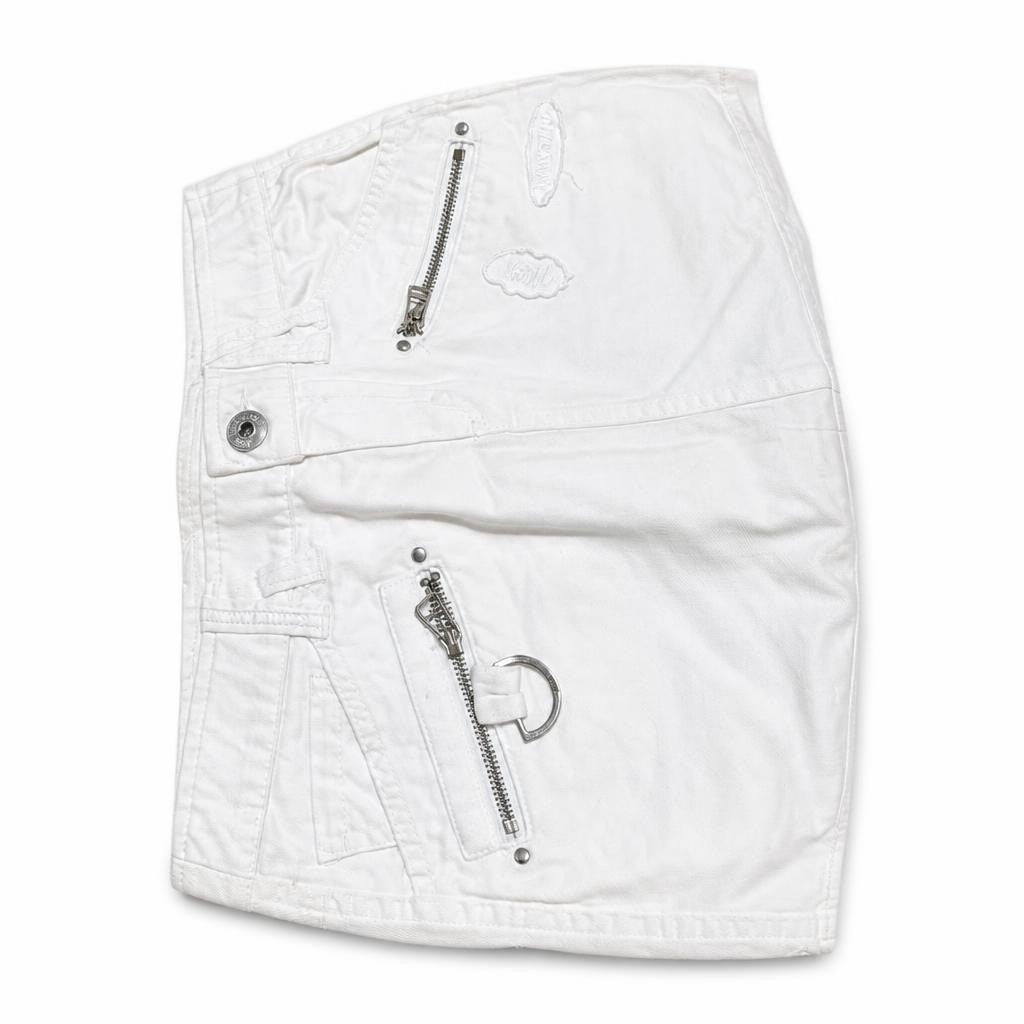 White denim mini skirt, zipper pockets, logo patch - white studio shot, second-hand at Why Go Less, Dekwaneh, Lebanon