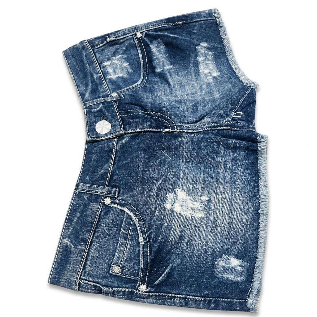 Distressed blue denim shorts, dark wash - white studio shot, second-hand at Why Go Less, Dekwaneh, Lebanon
