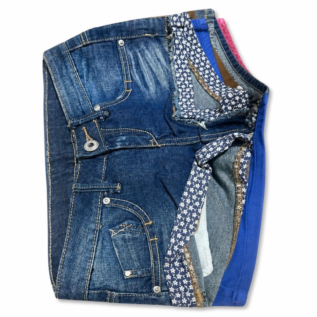 Blue denim shorts with floral inner lining - white studio shot, second-hand at Why Go Less, Dekwaneh, Lebanon