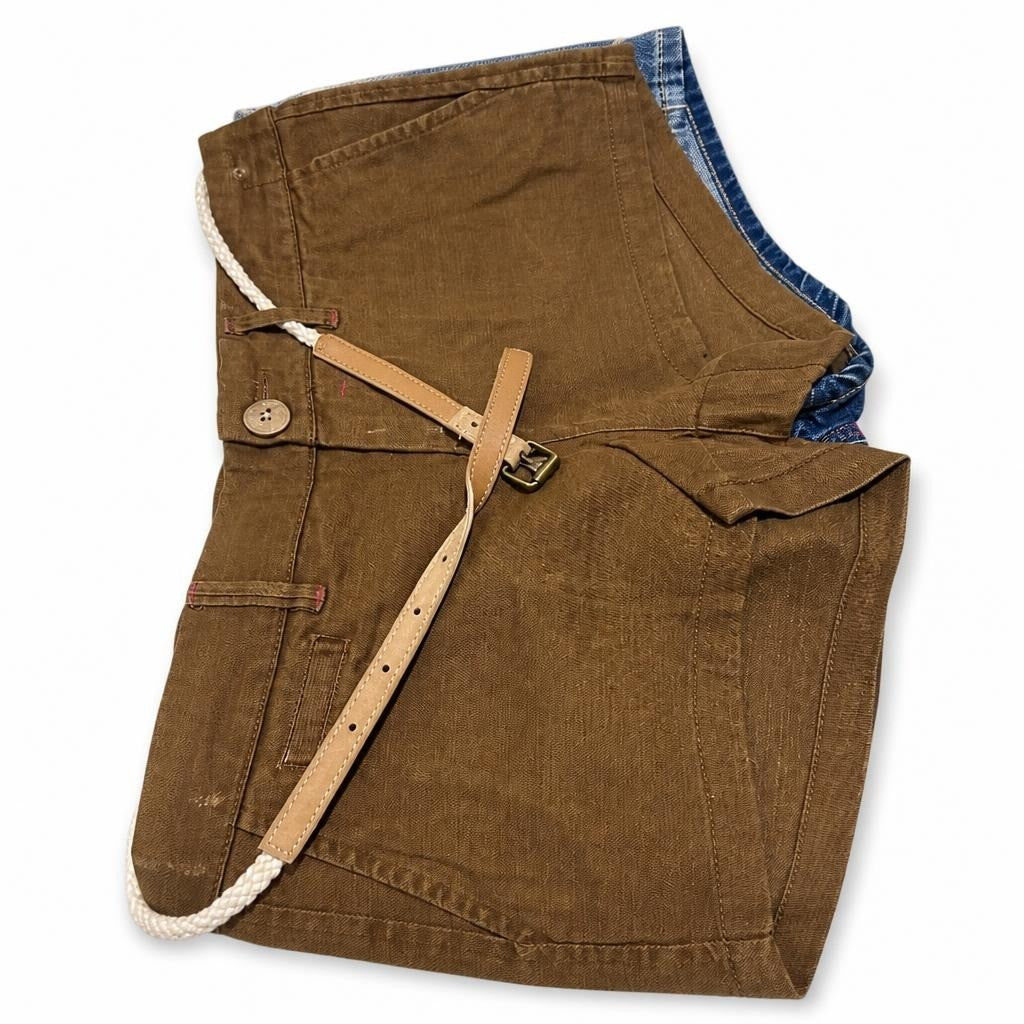 Brown linen-look shorts with tan belt, new tags - white studio shot, second-hand at Why Go Less, Dekwaneh, Lebanon