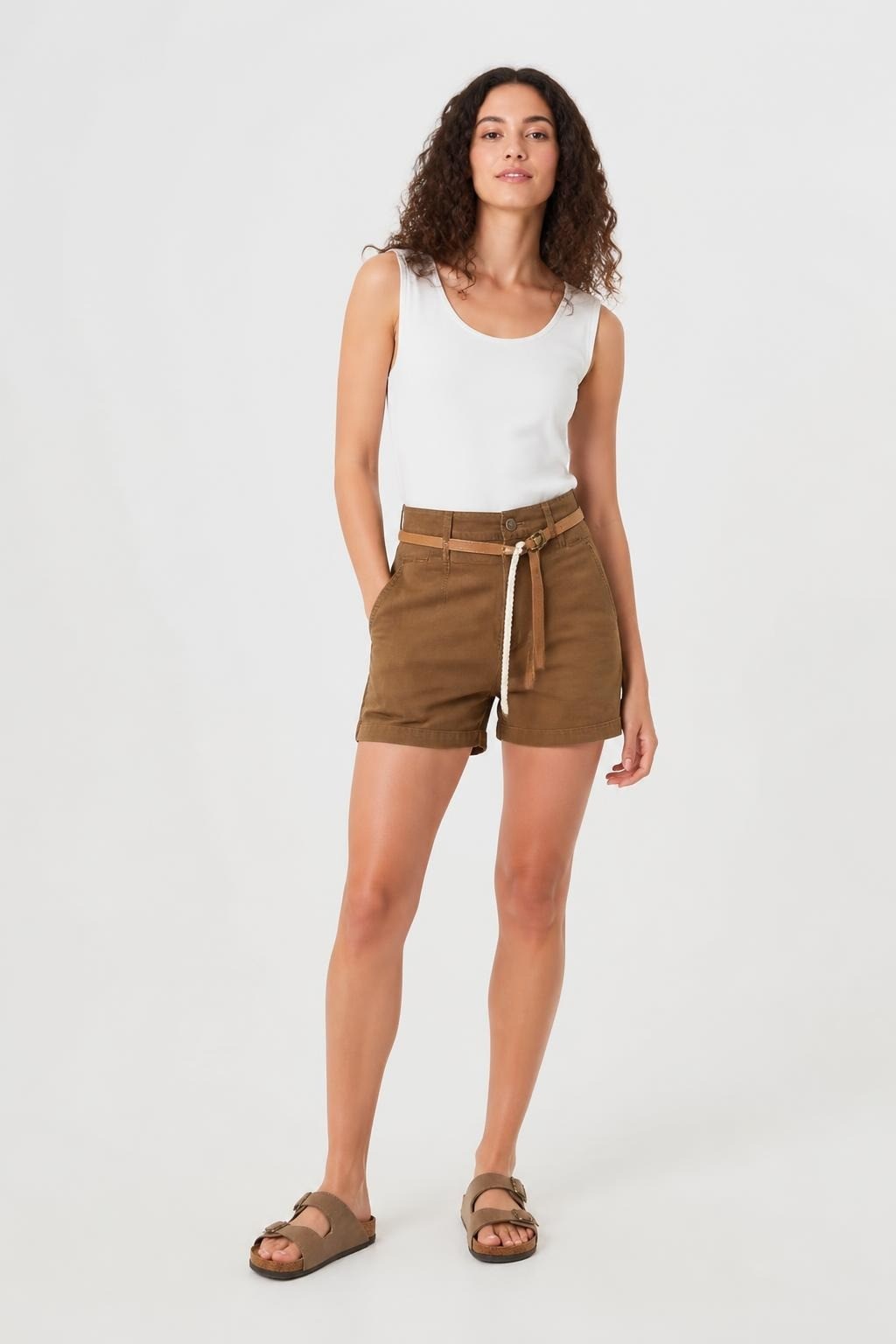 Brown linen-look shorts with tan belt, new tags | Pre-Loved | Why Go Less