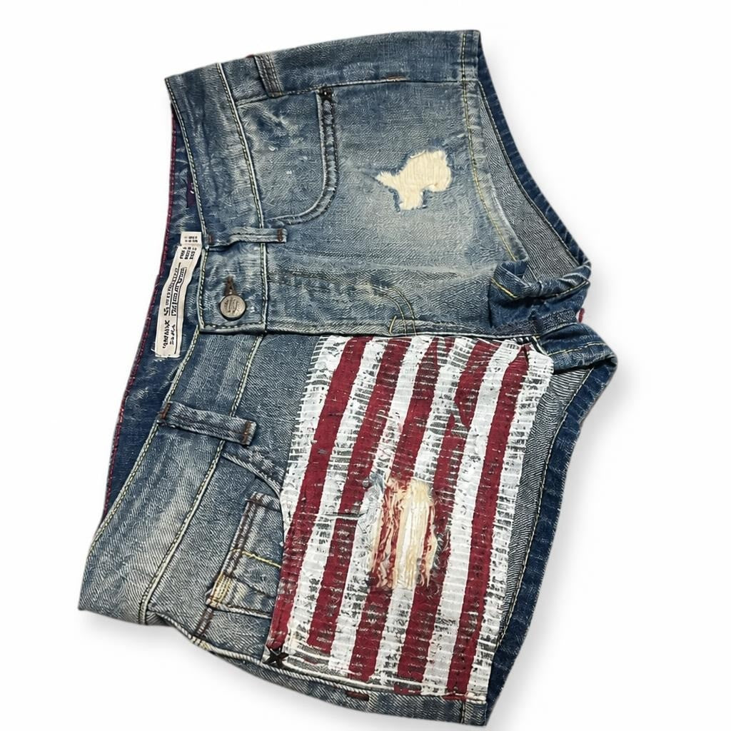 Distressed denim shorts w/ American flag print panel - white studio shot, second-hand at Why Go Less, Dekwaneh, Lebanon