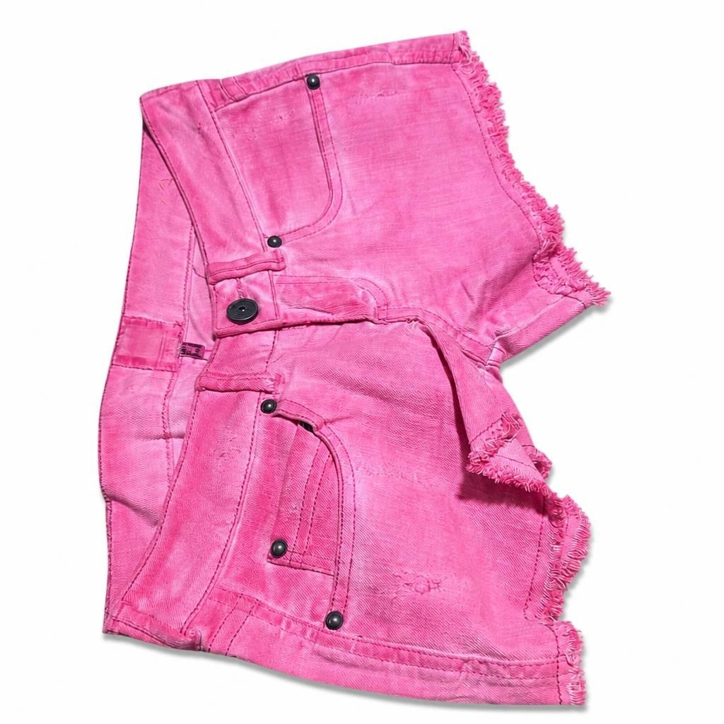 Hot pink distressed denim shorts, dark buttons - white studio shot, second-hand at Why Go Less, Dekwaneh, Lebanon