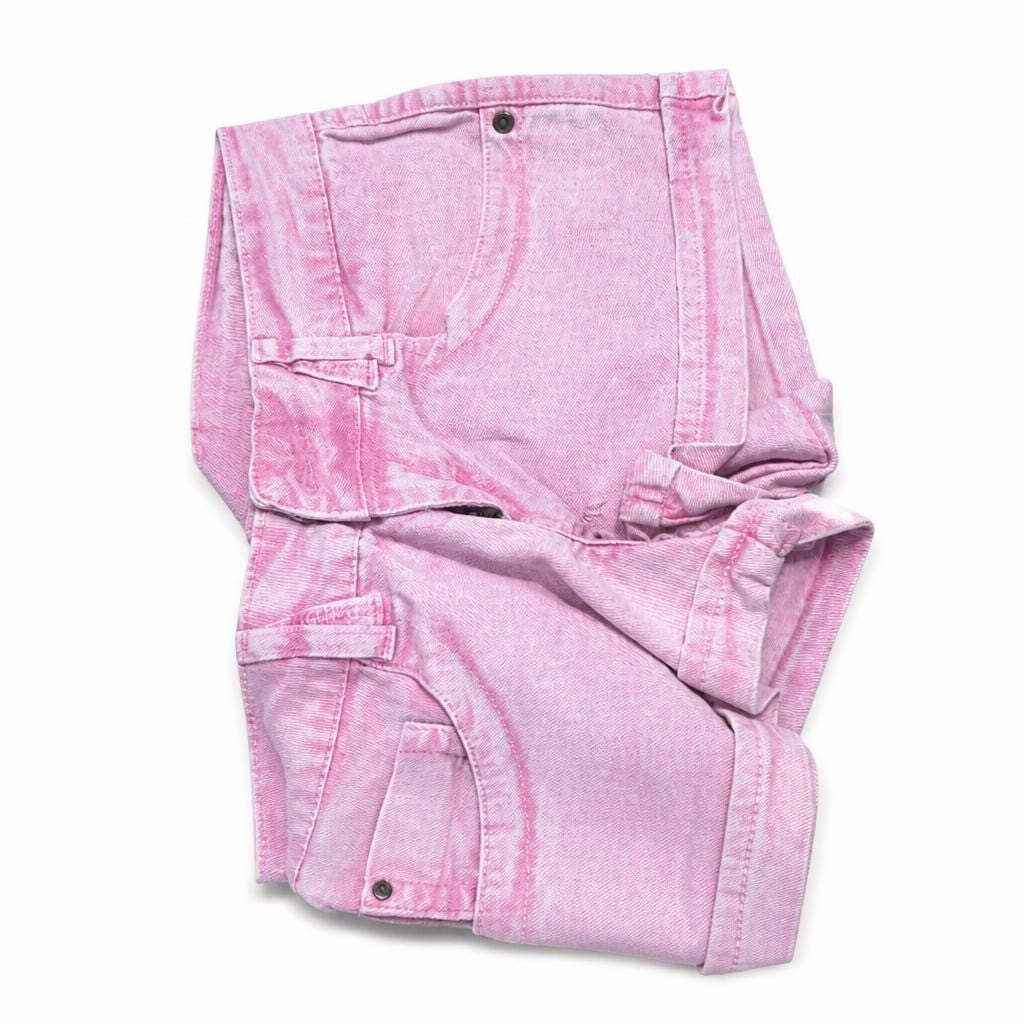 Light pink cargo denim shorts, multi-pocket - white studio shot, second-hand at Why Go Less, Dekwaneh, Lebanon