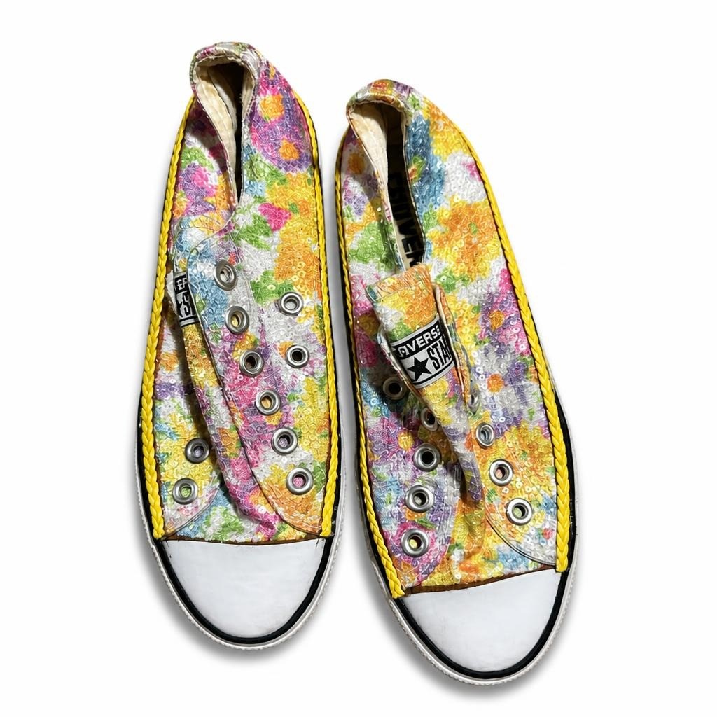 Converse Chuck Taylor sequin floral slip-on sneakers - white studio shot, second-hand at Why Go Less, Dekwaneh, Lebanon