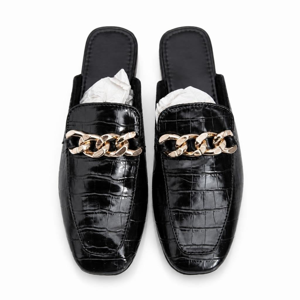 Black croc-embossed mule loafers with gold chain - white studio shot, second-hand at Why Go Less, Dekwaneh, Lebanon