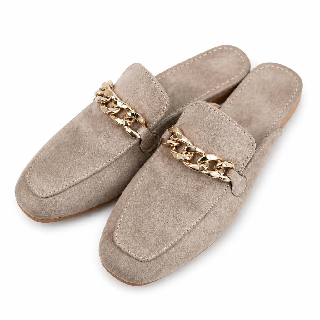 Taupe suede mule loafers with gold chain detail - white studio shot, second-hand at Why Go Less, Dekwaneh, Lebanon