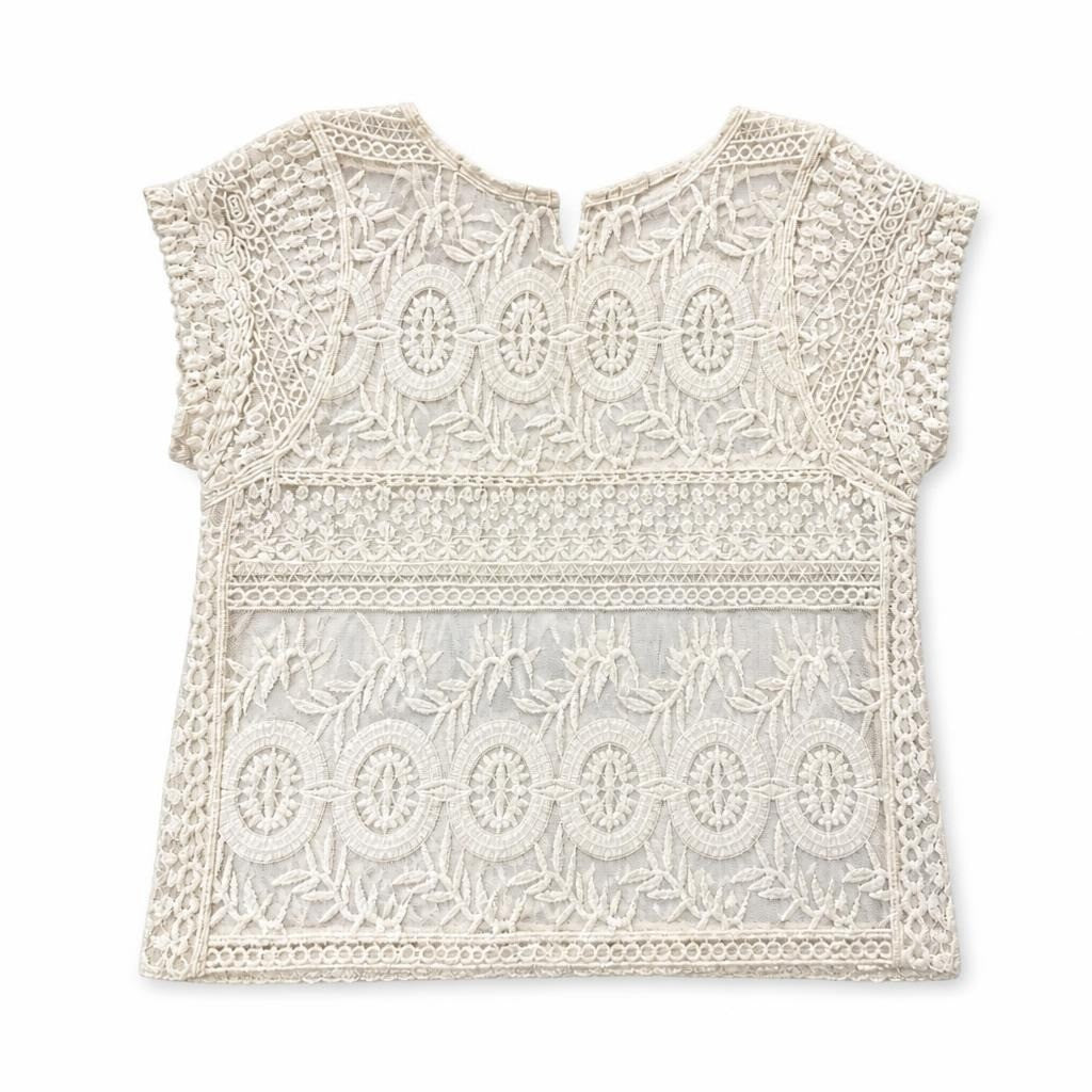 Ivory crochet lace short-sleeve boho top - white studio shot, second-hand at Why Go Less, Dekwaneh, Lebanon