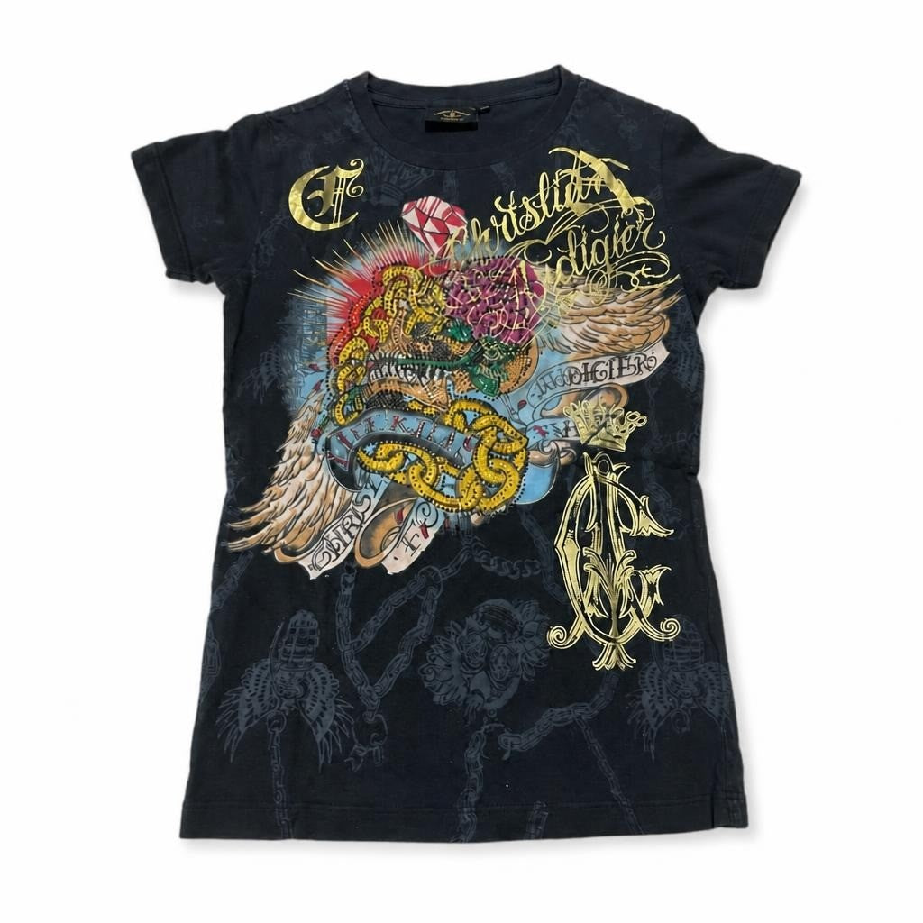 Christian Audigier graphic print black tee - white studio shot, second-hand at Why Go Less, Dekwaneh, Lebanon