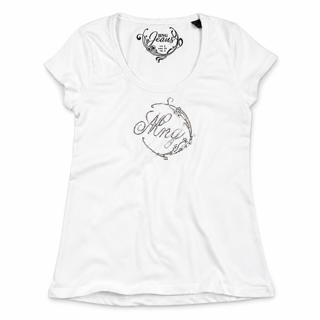 HNG Jeans white rhinestone logo scoop neck tee - white studio shot, second-hand at Why Go Less, Dekwaneh, Lebanon
