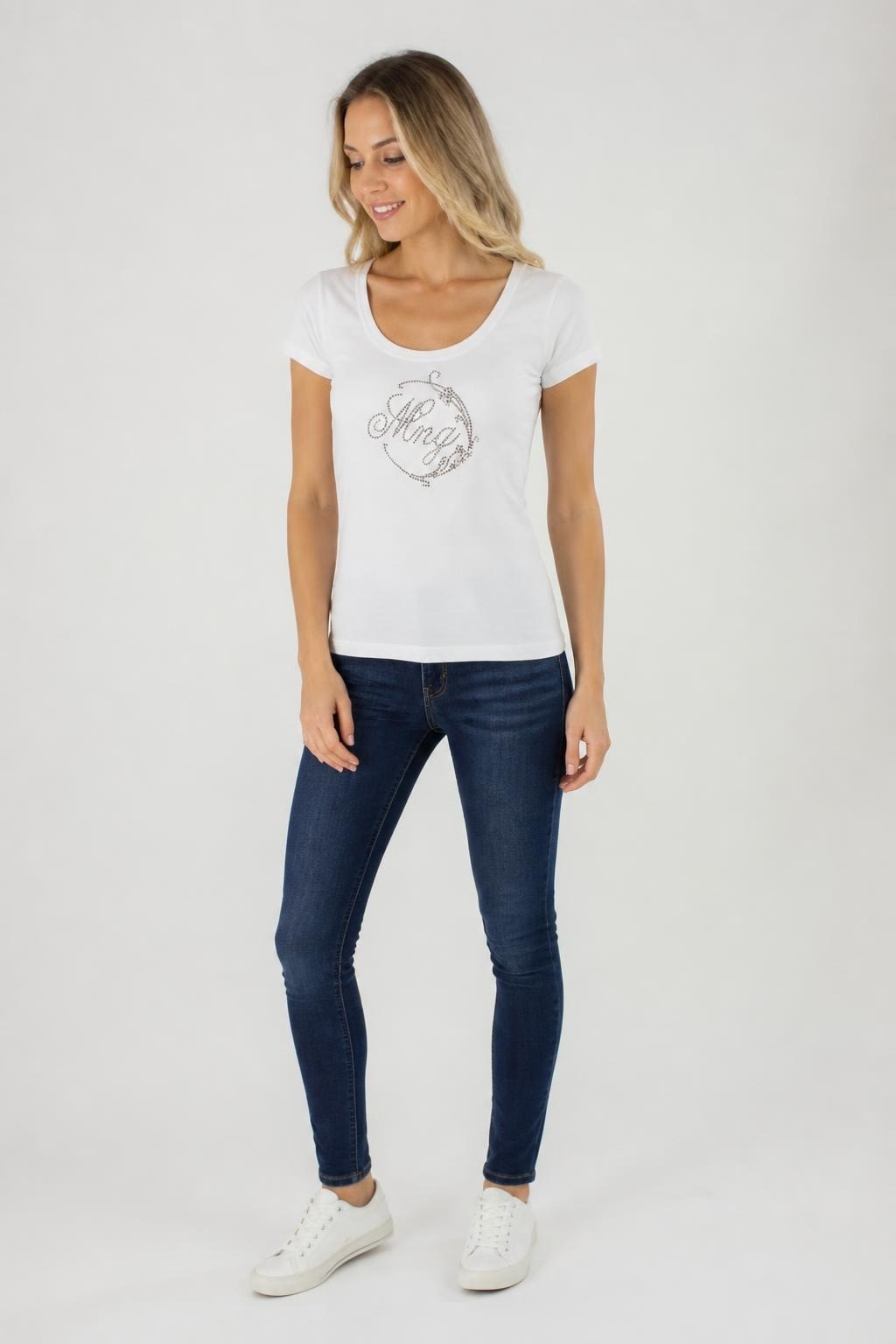 HNG Jeans White Rhinestone Scoop Neck Tee | Pre-Loved | Why Go Less