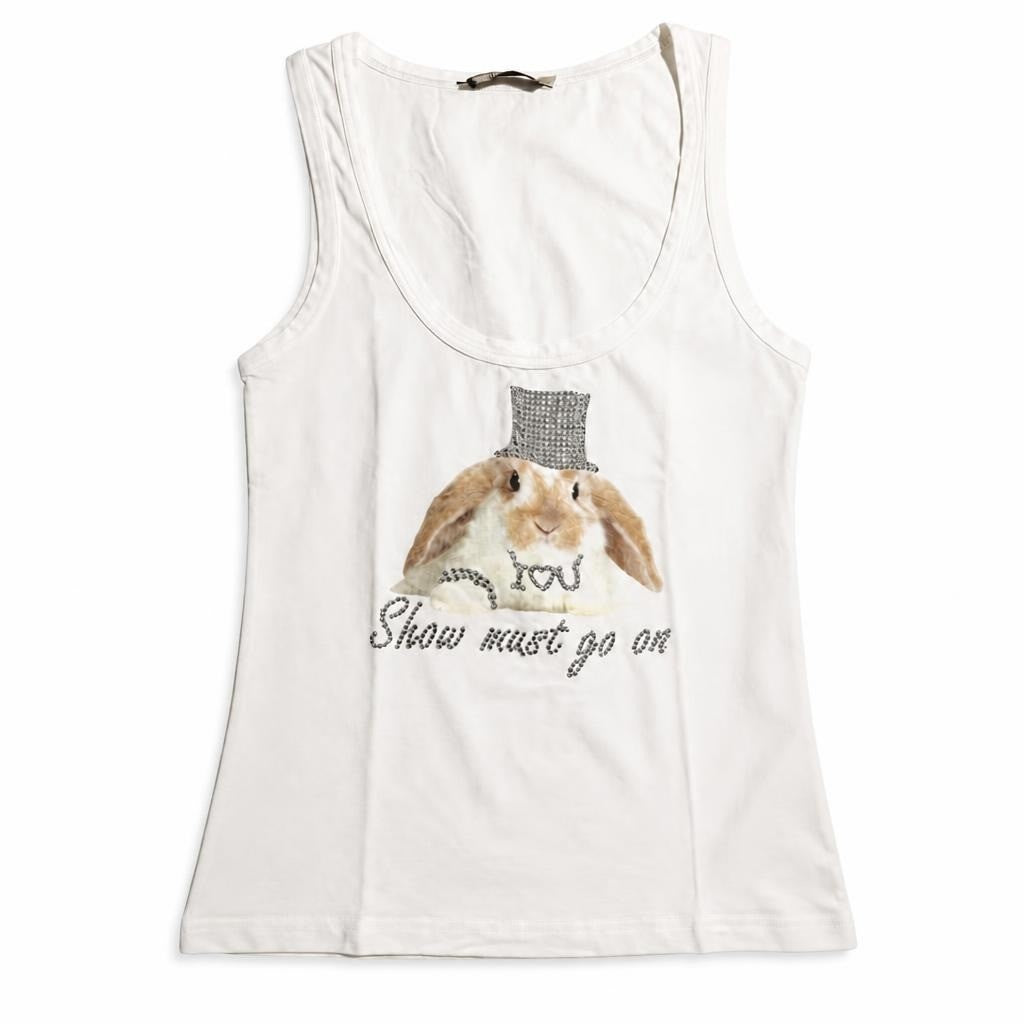 White tank top bunny print Show Must Go On - white studio shot, second-hand at Why Go Less, Dekwaneh, Lebanon