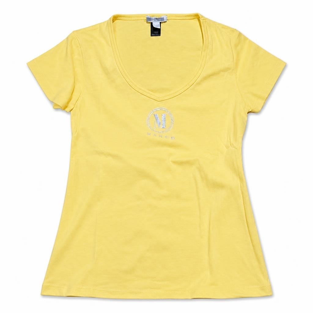 Mango yellow V-neck short sleeve tee - white studio shot, second-hand at Why Go Less, Dekwaneh, Lebanon