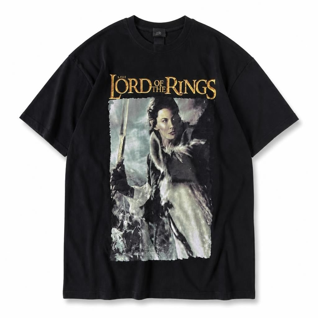 Lord of the Rings black graphic tee - white studio shot, second-hand at Why Go Less, Dekwaneh, Lebanon