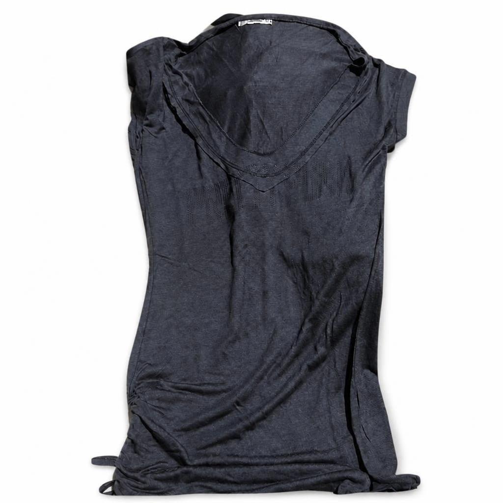 Dark navy blue V-neck ruched sleeveless top - white studio shot, second-hand at Why Go Less, Dekwaneh, Lebanon