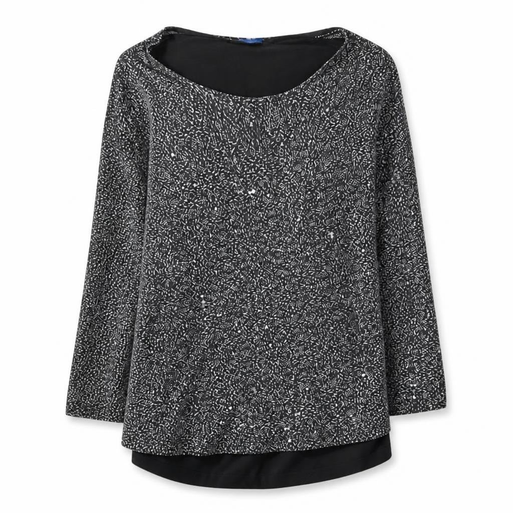 Black white speckle print long sleeve layered top - white studio shot, second-hand at Why Go Less, Dekwaneh, Lebanon