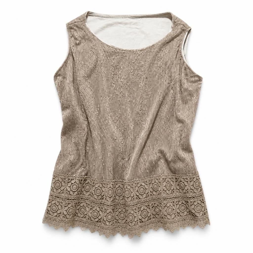 Beige lace crochet hem sleeveless top - white studio shot, second-hand at Why Go Less, Dekwaneh, Lebanon
