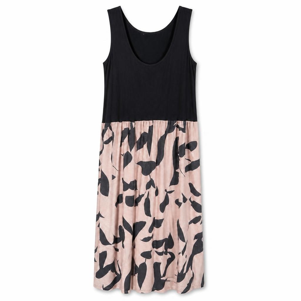 Black and pink abstract print midi dress - white studio shot, second-hand at Why Go Less, Dekwaneh, Lebanon