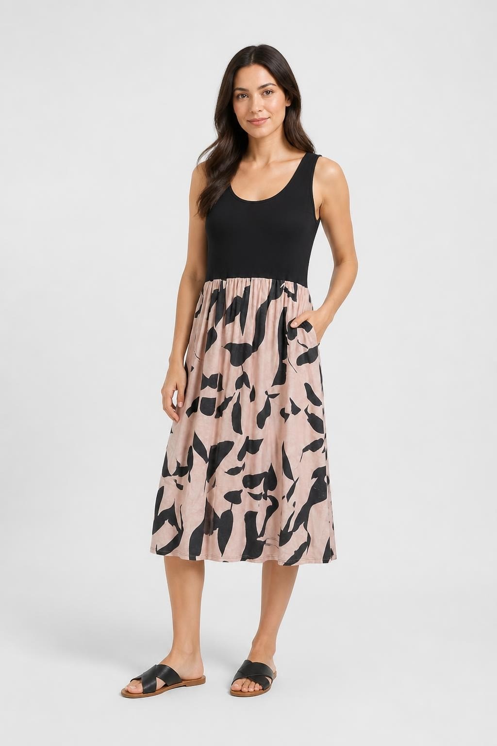 Robe midi imprimé abstrait noir et rose | Seconde main | Pourquoi se contenter de moins