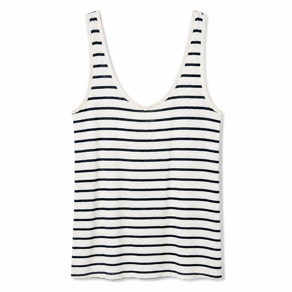 White navy stripe scoop neck tank top - white studio shot, second-hand at Why Go Less, Dekwaneh, Lebanon