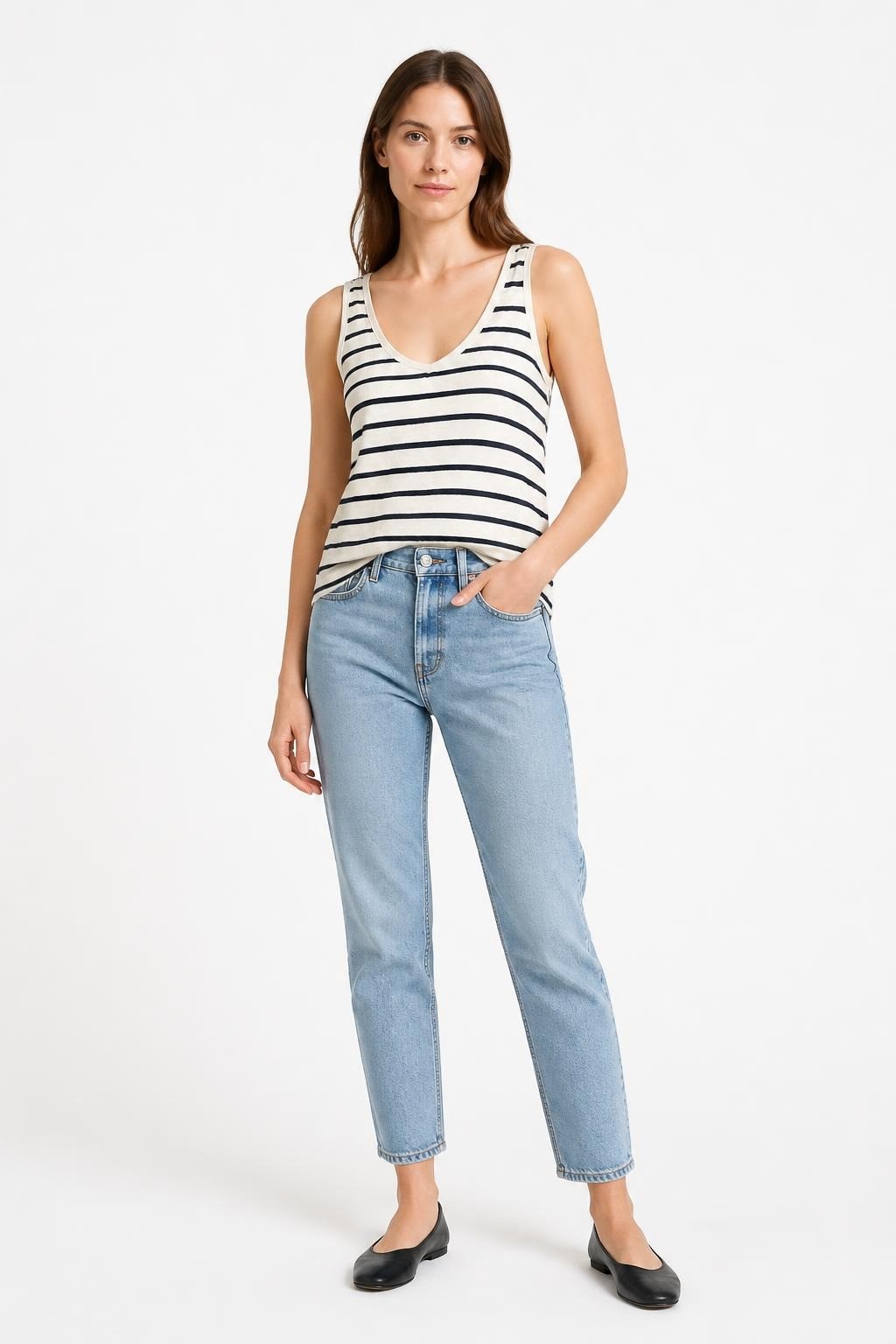 White navy stripe scoop neck tank top | Pre-Loved | Why Go Less