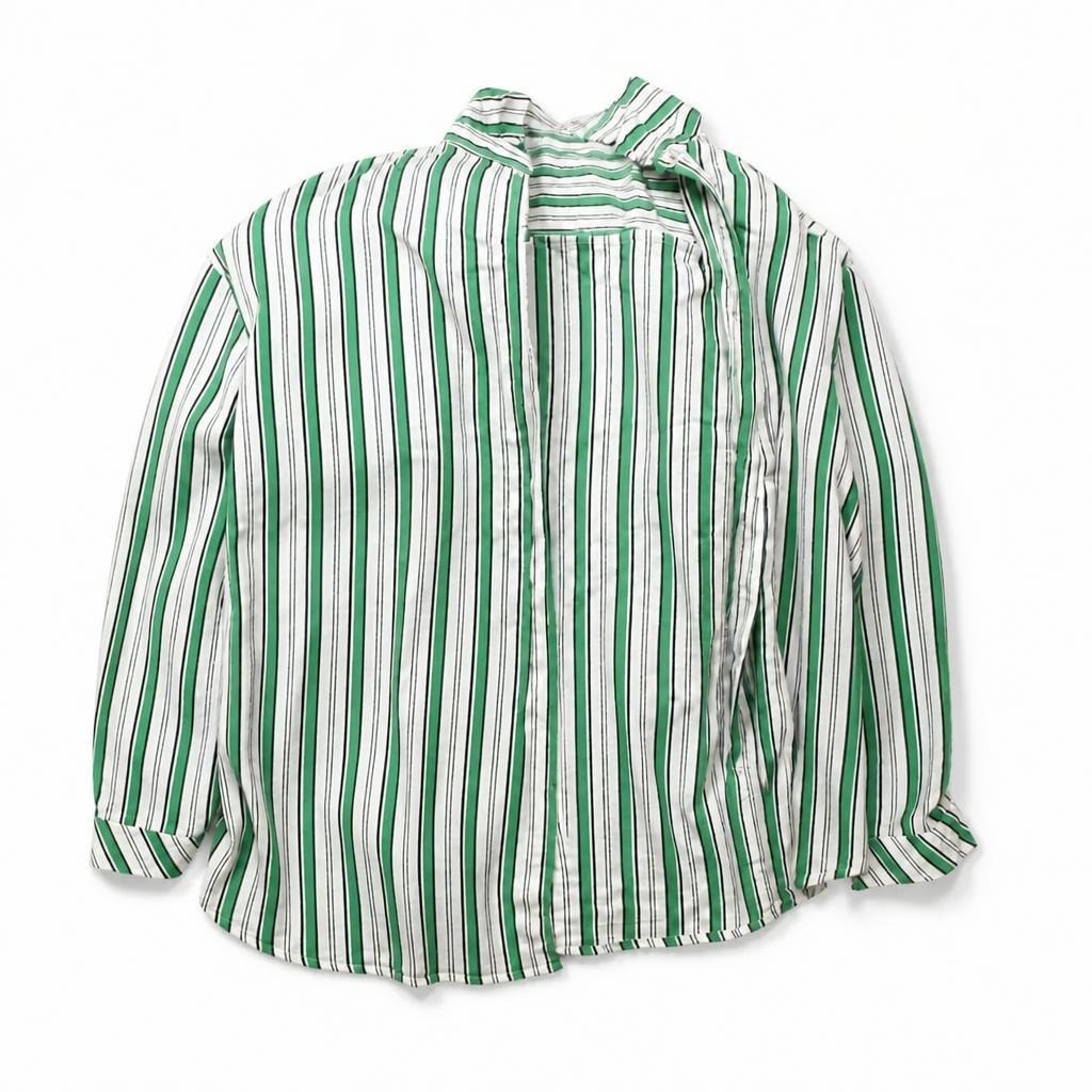 Green white stripe oversized button-up shirt - white studio shot, second-hand at Why Go Less, Dekwaneh, Lebanon