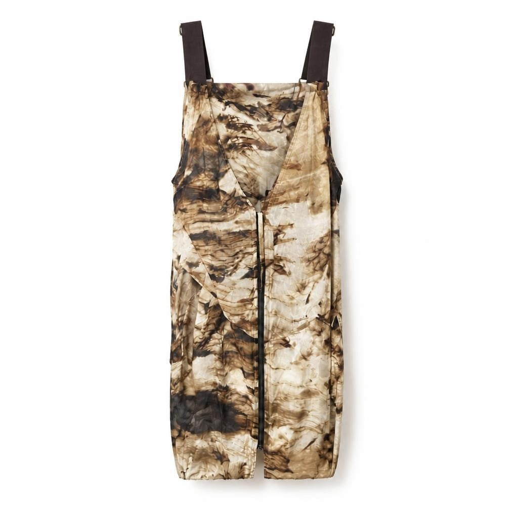 Tie-dye camo overalls dress with zipper, brown tones - white studio shot, second-hand at Why Go Less, Dekwaneh, Lebanon