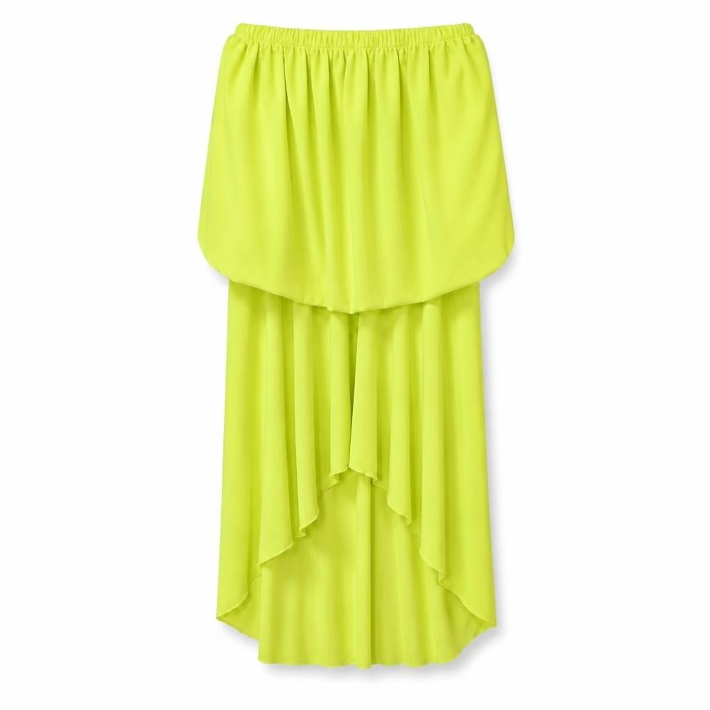Neon yellow-green layered high-low skirt - white studio shot, second-hand at Why Go Less, Dekwaneh, Lebanon