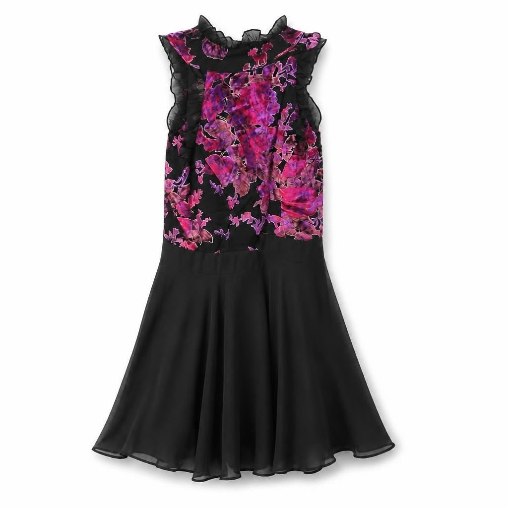 Black floral ruffle mini dress, purple-pink print - white studio shot, second-hand at Why Go Less, Dekwaneh, Lebanon