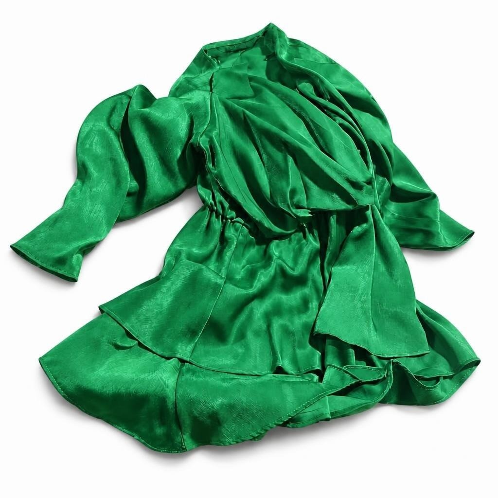 Emerald green satin ruffle mini dress, long sleeve - white studio shot, second-hand at Why Go Less, Dekwaneh, Lebanon
