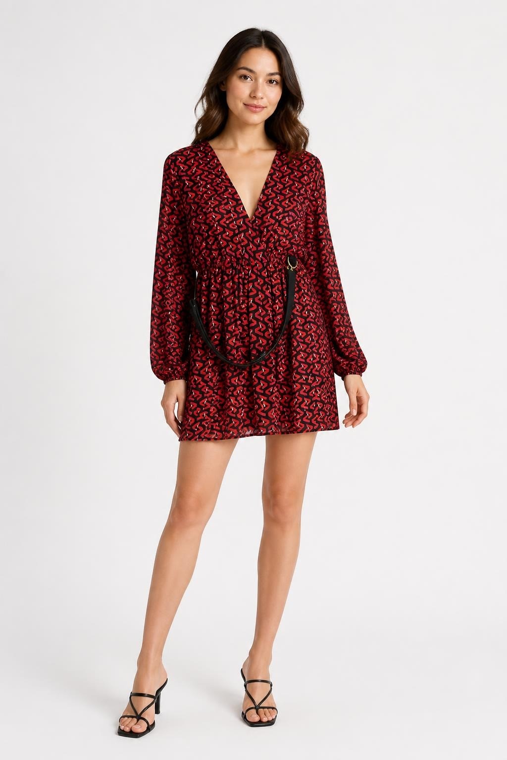 Red geometric print long-sleeve mini dress w/ belt | Pre-Loved | Why Go Less