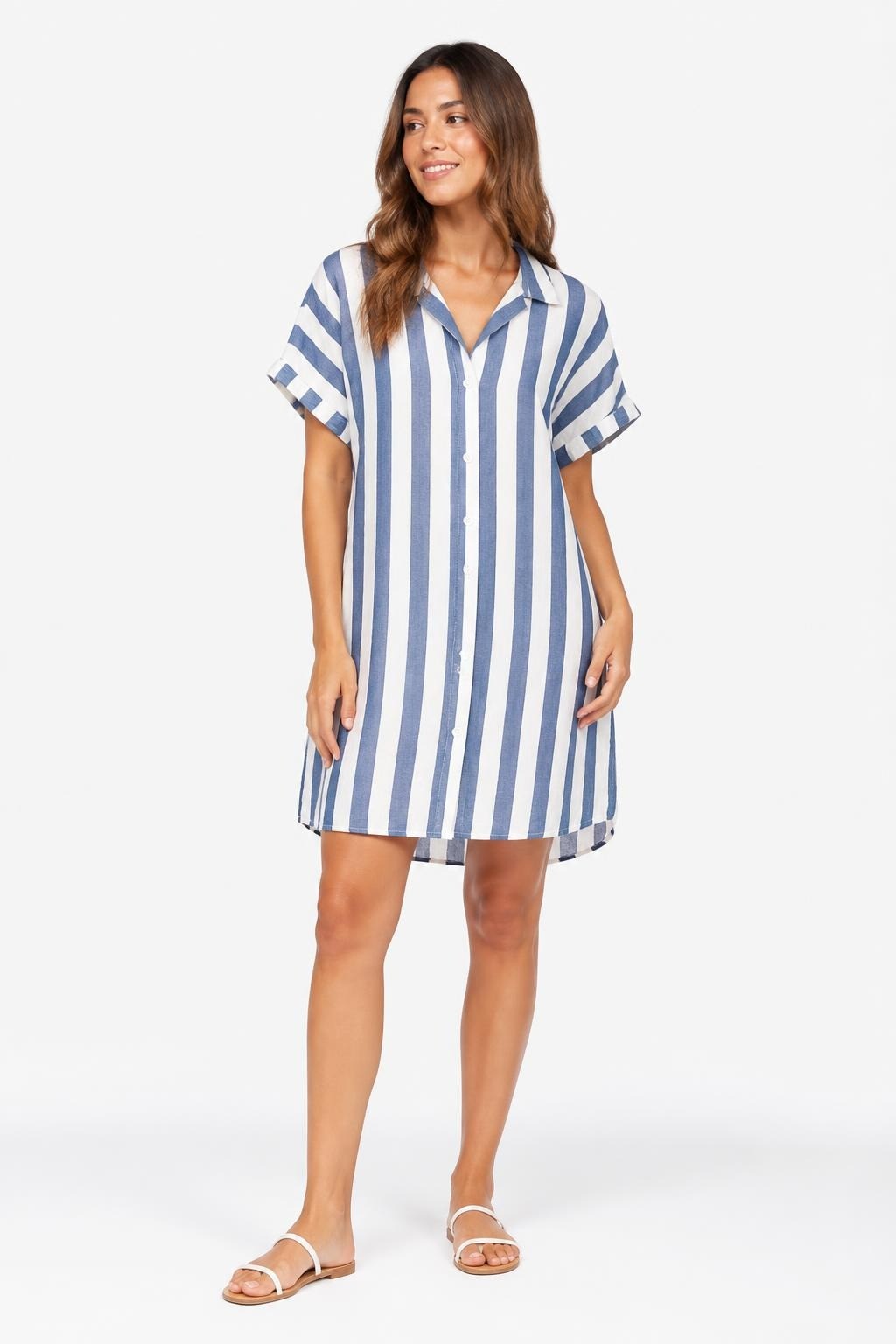 Robe chemise en lin rayée bleu et blanc à manches courtes | Seconde main | Faite pour durer
