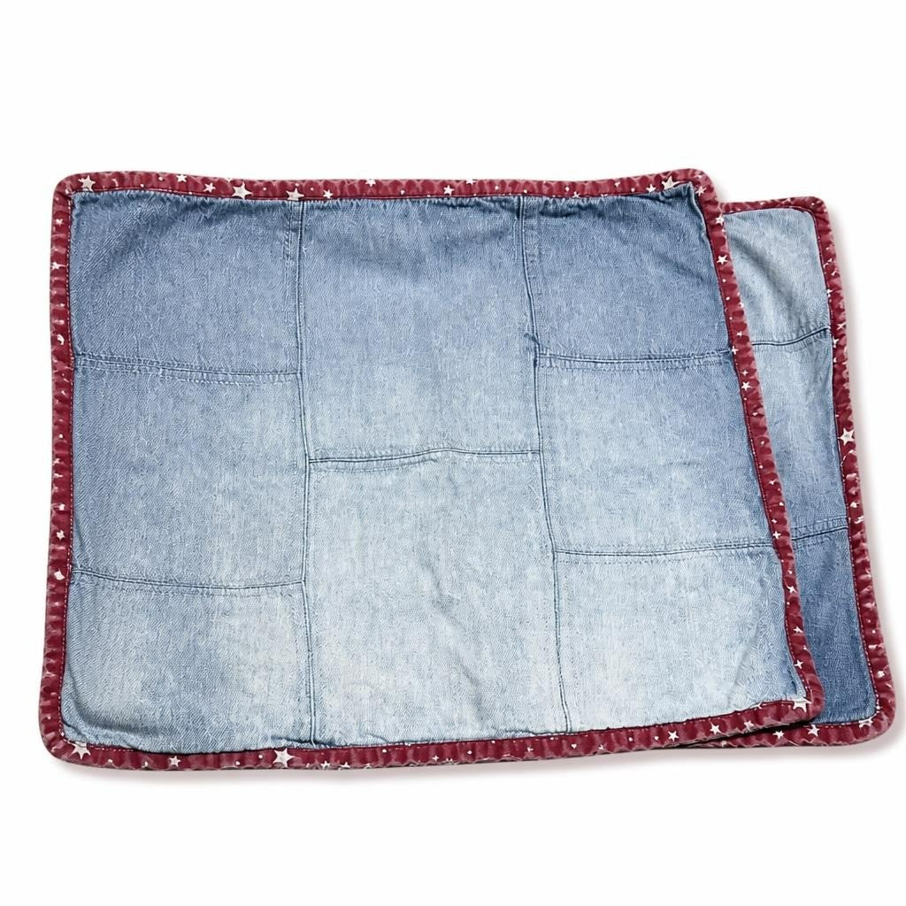 Upcycled denim patchwork placemat with star trim - white studio shot, second-hand at Why Go Less, Dekwaneh, Lebanon