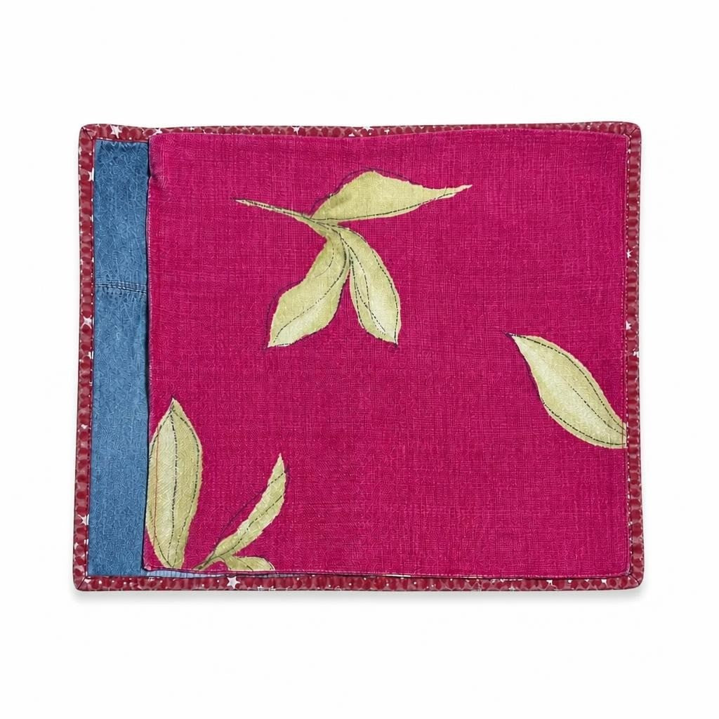 Handmade patchwork fabric placemat, pink floral leaf - white studio shot, second-hand at Why Go Less, Dekwaneh, Lebanon