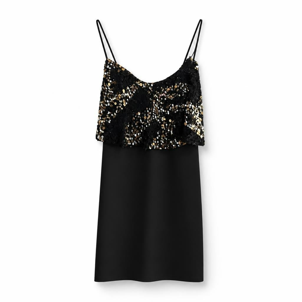 Black sequin top mini dress, spaghetti strap - white studio shot, second-hand at Why Go Less, Dekwaneh, Lebanon