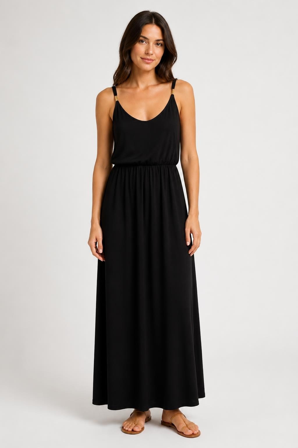 Black jersey maxi dress, gold hardware straps | Pre-Loved | Why Go Less