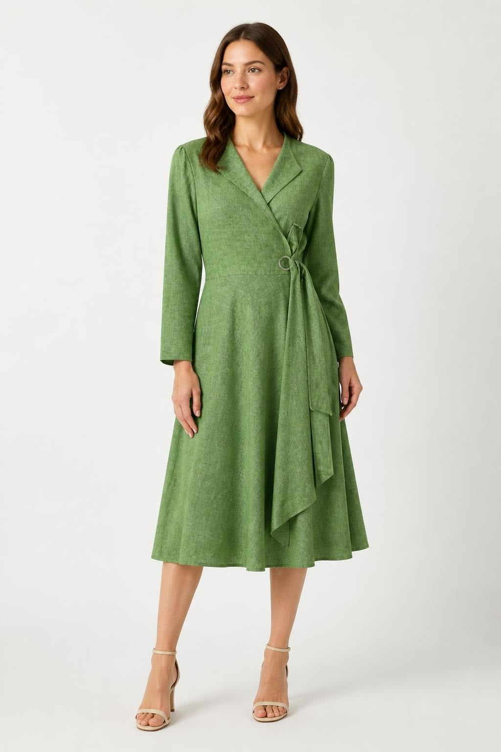 Green linen wrap midi dress, V-neck, belted | Pre-Loved | Why Go Less