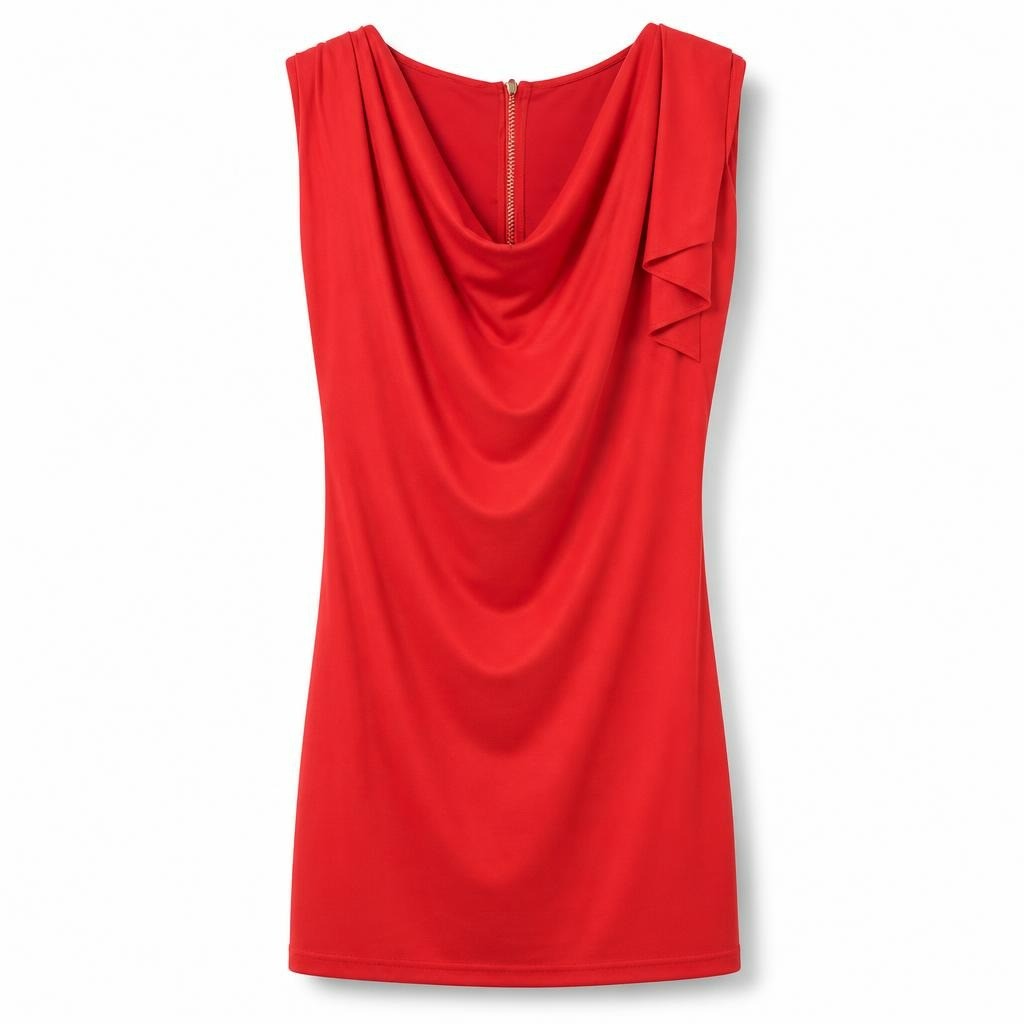 Red cowl-neck sleeveless mini dress, gold zip - white studio shot, second-hand at Why Go Less, Dekwaneh, Lebanon