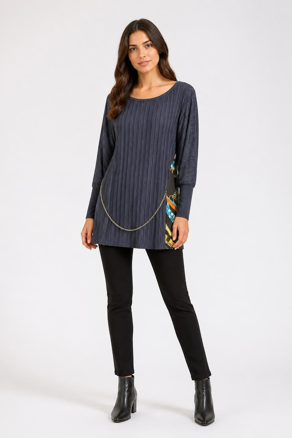 Navy blue ribbed pleated batwing top, Made in Italy | Pre-Loved | Why Go Less
