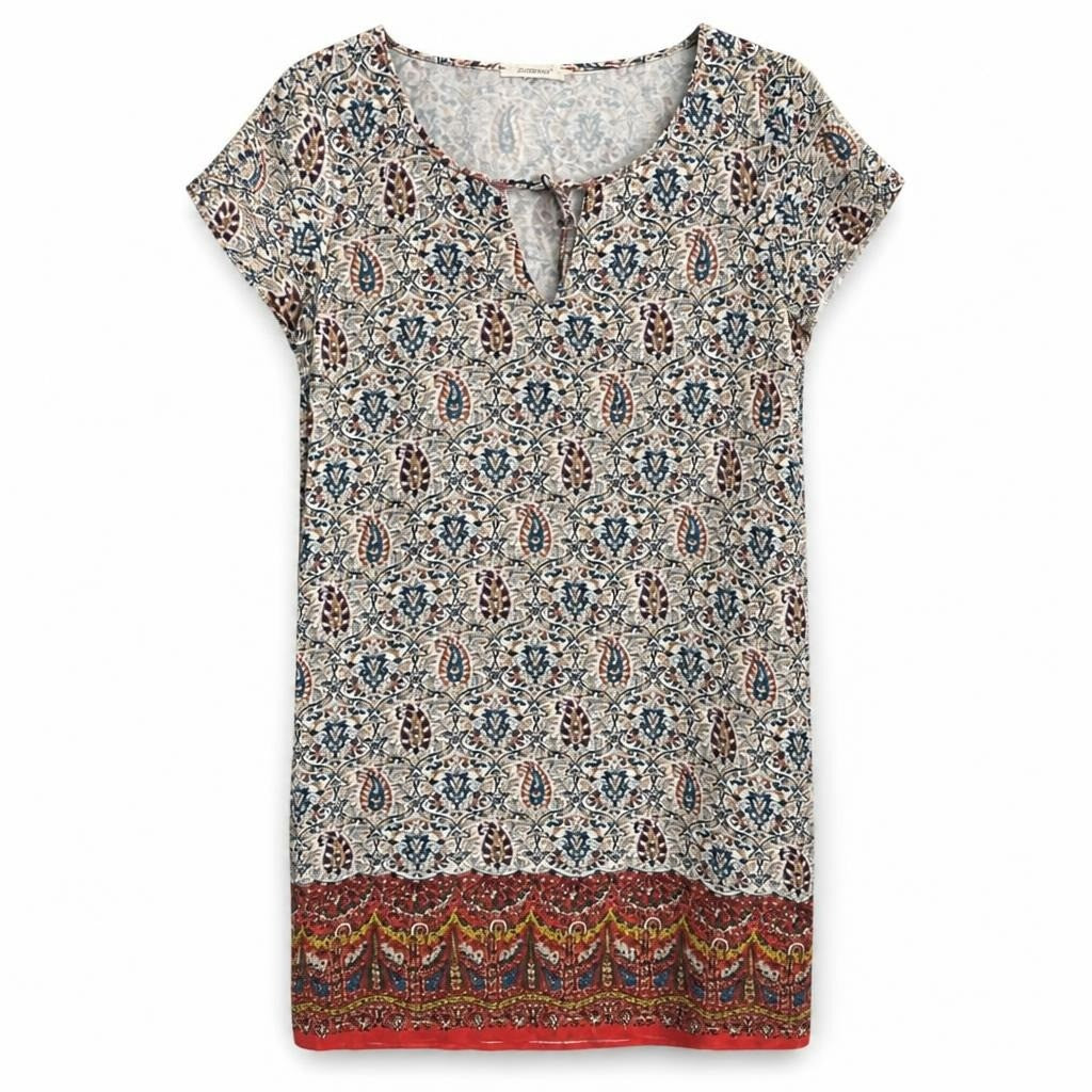 Paisley print short sleeve shift dress, Promod - white studio shot, second-hand at Why Go Less, Dekwaneh, Lebanon