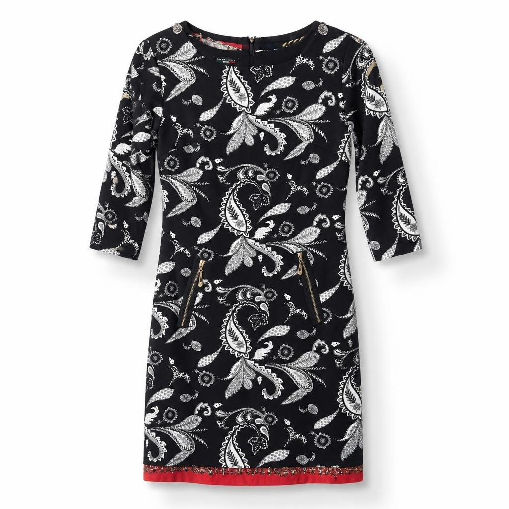 Black white paisley print zip-detail mini dress, Made in - white studio shot, second-hand at Why Go Less, Dekwaneh, Lebanon