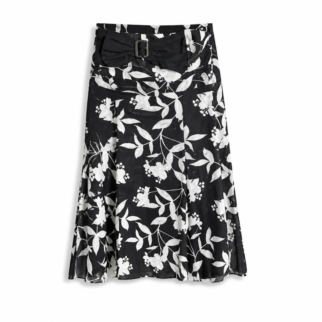 Jupe midi noire et blanche à motif floral et ceinture | Seconde main | Pourquoi faire moins bien
