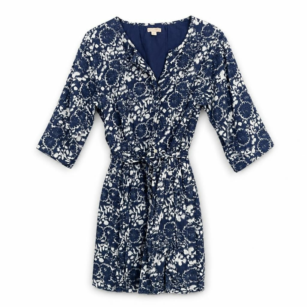 Blue & white floral print wrap dress, belted - white studio shot, second-hand at Why Go Less, Dekwaneh, Lebanon