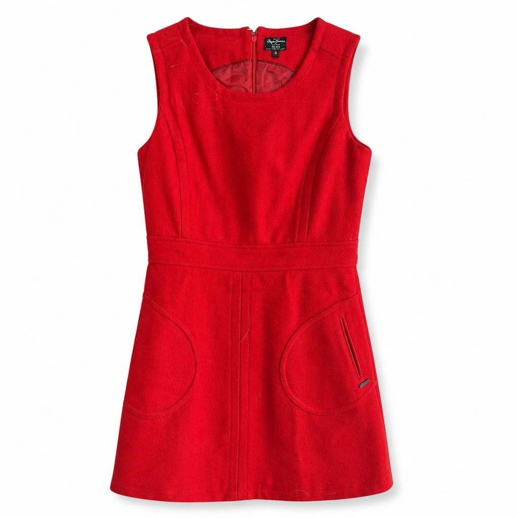 Pepe Jeans red wool sleeveless shift dress, XS - white studio shot, second-hand at Why Go Less, Dekwaneh, Lebanon
