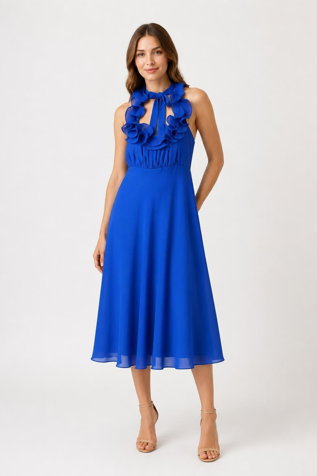 Royal blue chiffon ruffle neckline dress | Pre-Loved | Why Go Less